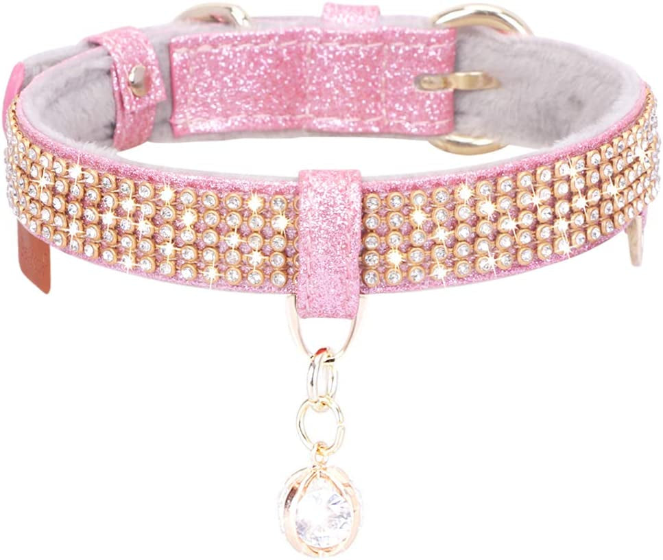 Premium PU Leather Adjustable Pet Collar with Rhinestone Pendant for Small to Medium Dogs - Medium Pink