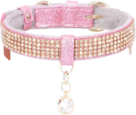 Premium PU Leather Adjustable Pet Collar with Rhinestone Pendant for Small to Medium Dogs - Medium Pink