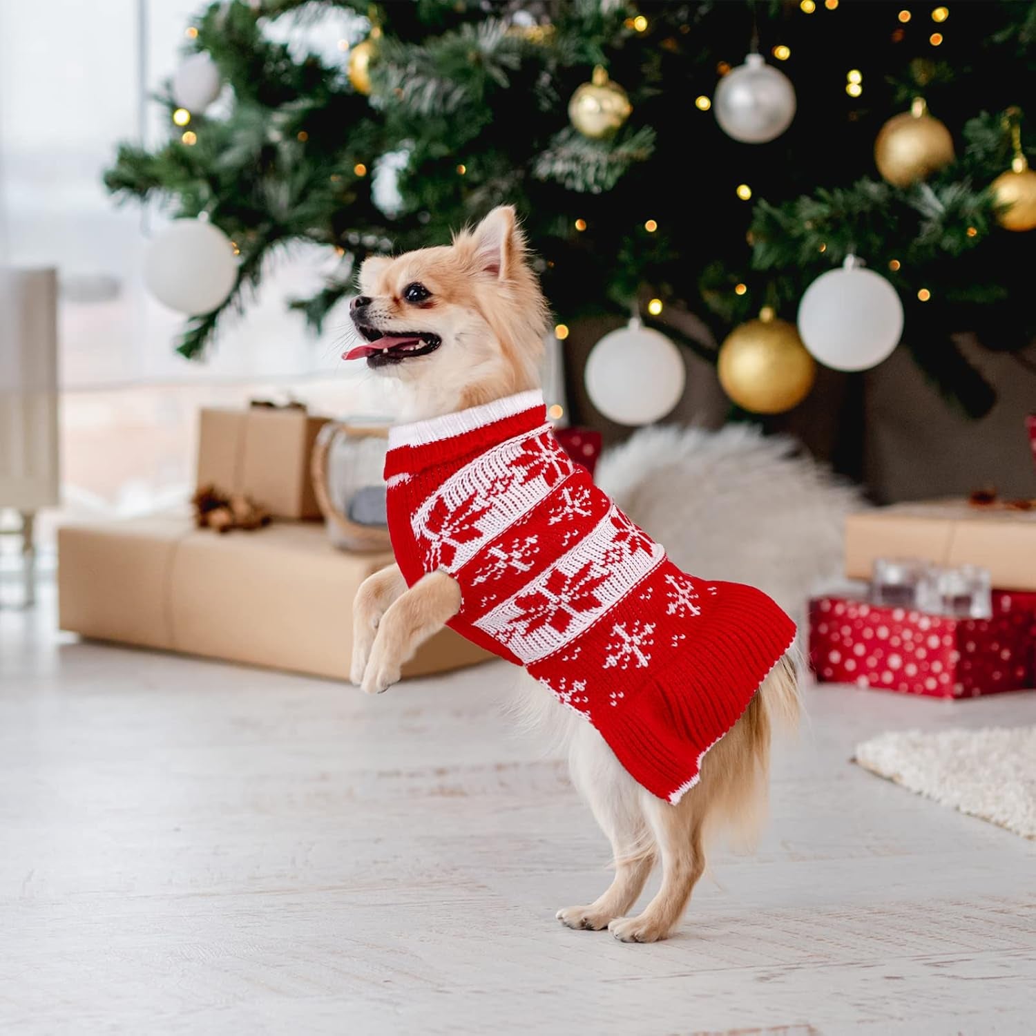 2 Pack Dog Christmas Dress Warm Dog Xmas Sweater Pet Christmas Clothes Stripes Dog Knit Sweater Dress Dog Winter Warm Pullover with Snowflakes and Christmas Flowers (S)