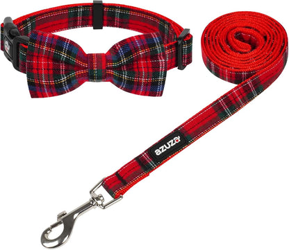 Christmas Buffalo Dog Collar and Leash Set, Classic Plaid Collar with Removable Bowtie and Matching Leash for Large Dogs