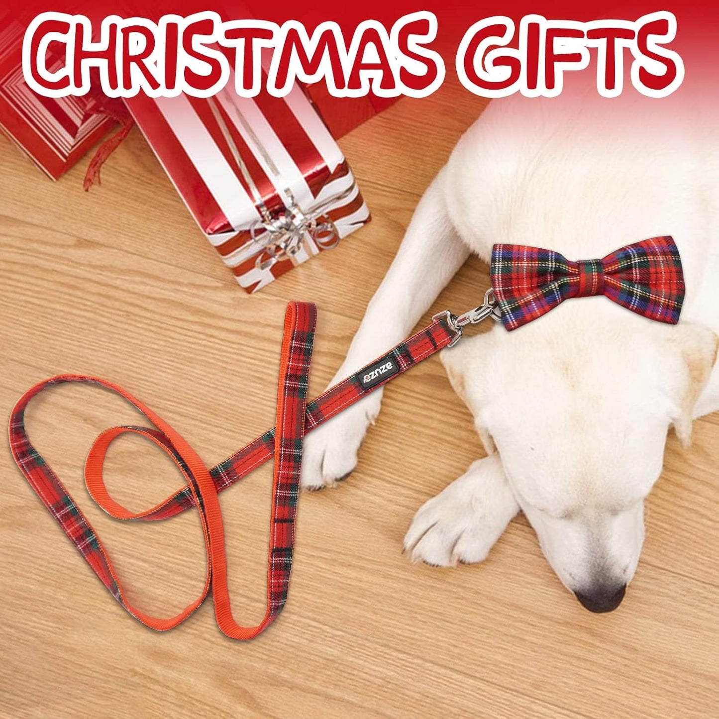 Christmas Buffalo Dog Collar and Leash Set, Classic Plaid Collar with Removable Bowtie and Matching Leash for Large Dogs