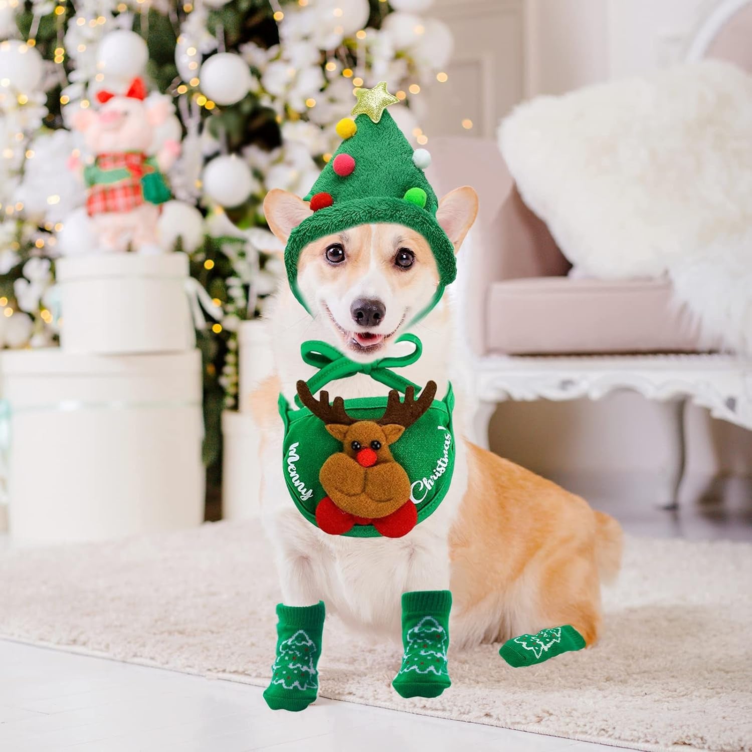 Dog Christmas Costume, Cat Christmas Outfit, Pet Christmas Costumes with Dog Bandanas Anti-Slip Dog Socks Reindeer Cat Hats for Small Medium Pets (Green, XL)