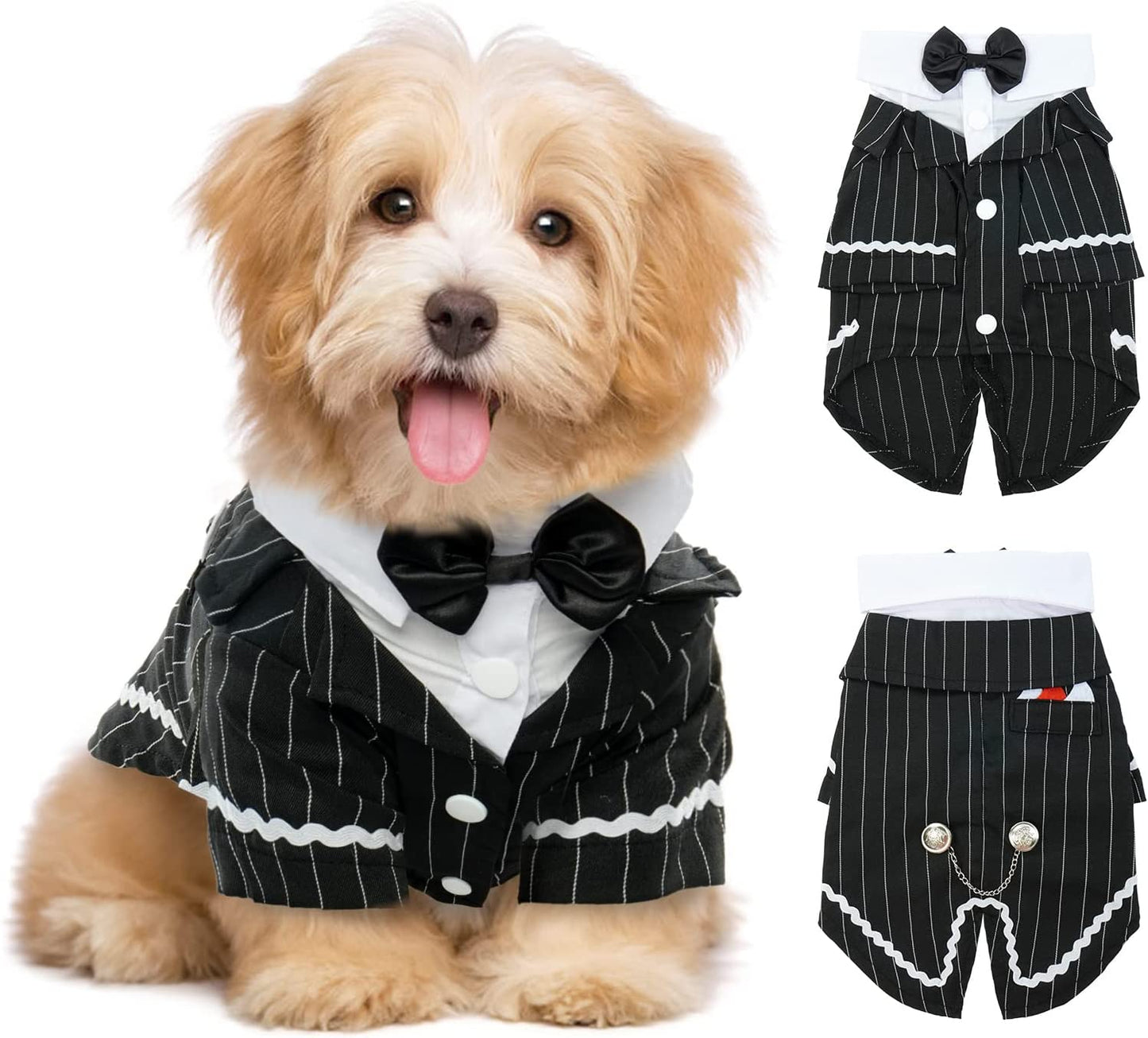 Dog Black Suit Costume, Pet Halloween Costume with Bow Tie, Formal Boston Tuxedo Shirt for Small Medium Large Puppy Dogs, Cat Dark Bride Costume Prince Wedding Clothes