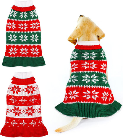 2 Pack Dog Christmas Dress Warm Dog Xmas Sweater Pet Christmas Clothes Stripes Dog Knit Sweater Dress Dog Winter Warm Pullover with Snowflakes and Christmas Flowers (S)