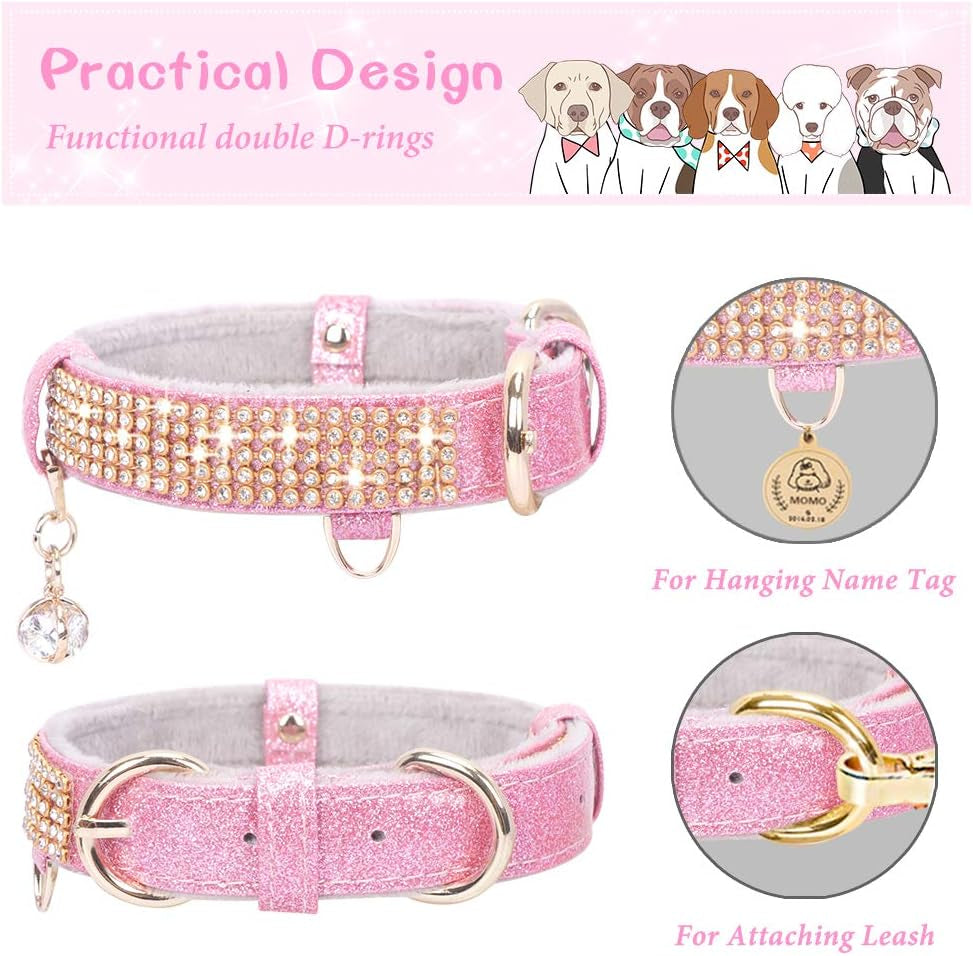 Premium PU Leather Adjustable Pet Collar with Rhinestone Pendant for Small to Medium Dogs - Medium Pink