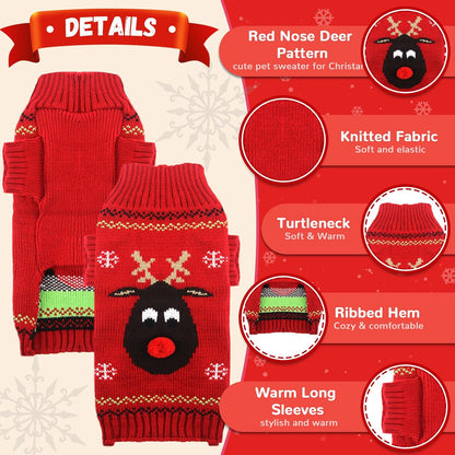 Ugly Christmas Dog Sweater Reindeer Xmas Dog Outfits Pet Dog Holiday Costumes Red Puppy Cat Winter Knitwear Clothes Turtleneck Warm Jumper Clothes for Small Medium Large Dogs(Red,Xxs)