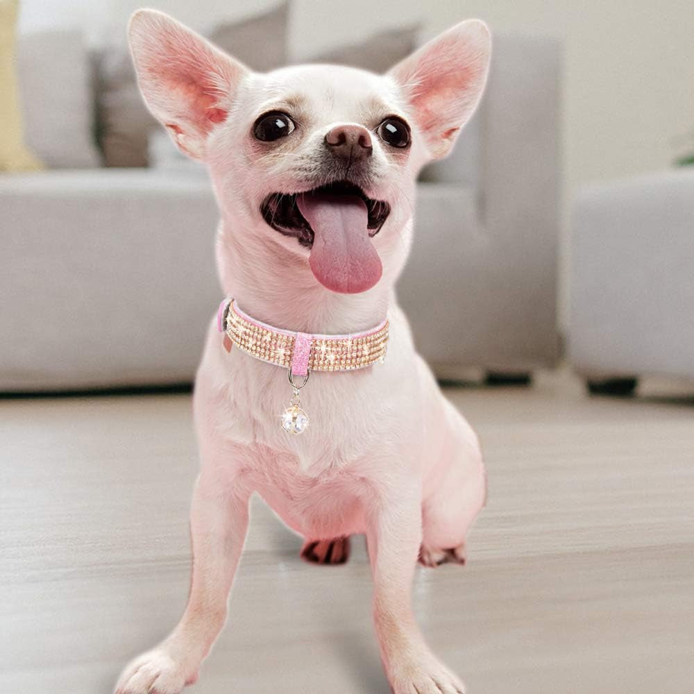 Premium PU Leather Adjustable Pet Collar with Rhinestone Pendant for Small to Medium Dogs - Medium Pink